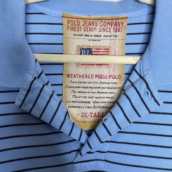 Polo Jeans Co Ralph Lauren Shirt Mens 3X Tall Blue Striped Pique Flag Logo - Picture 5 of 11